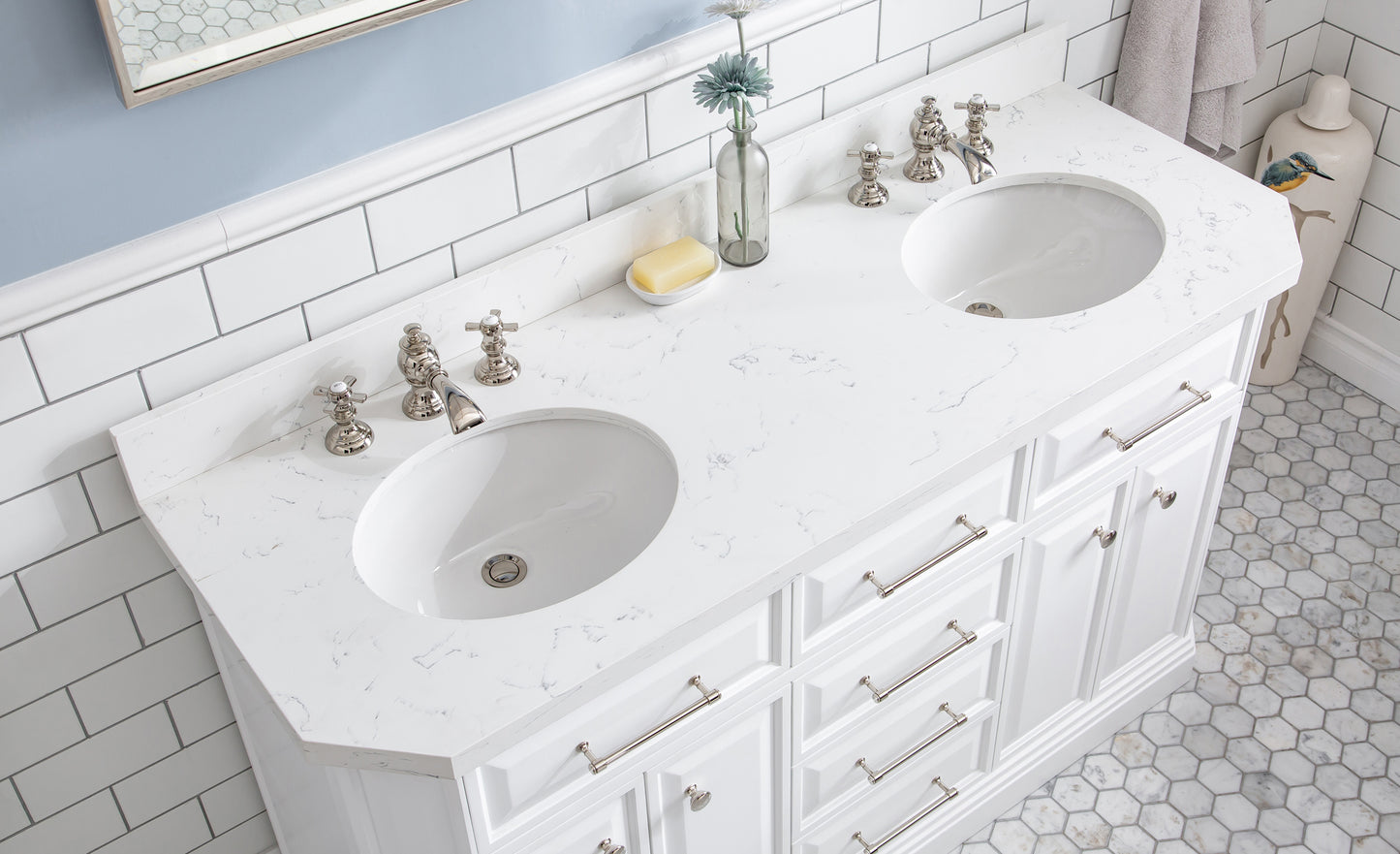 PALACE 60"W x 34"H Pure White Vanity with Carrara Quartz Countertop + Faucets (F2-0013), Polished Nickel Finish Hardware