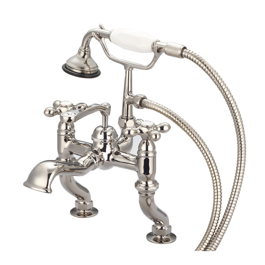 Vintage Classic Adjustable Center Deck Mount Tub Faucet With Handheld Shower in Polished Nickel Finish, With Metal Lever Handles, Hot And Cold Labels Included