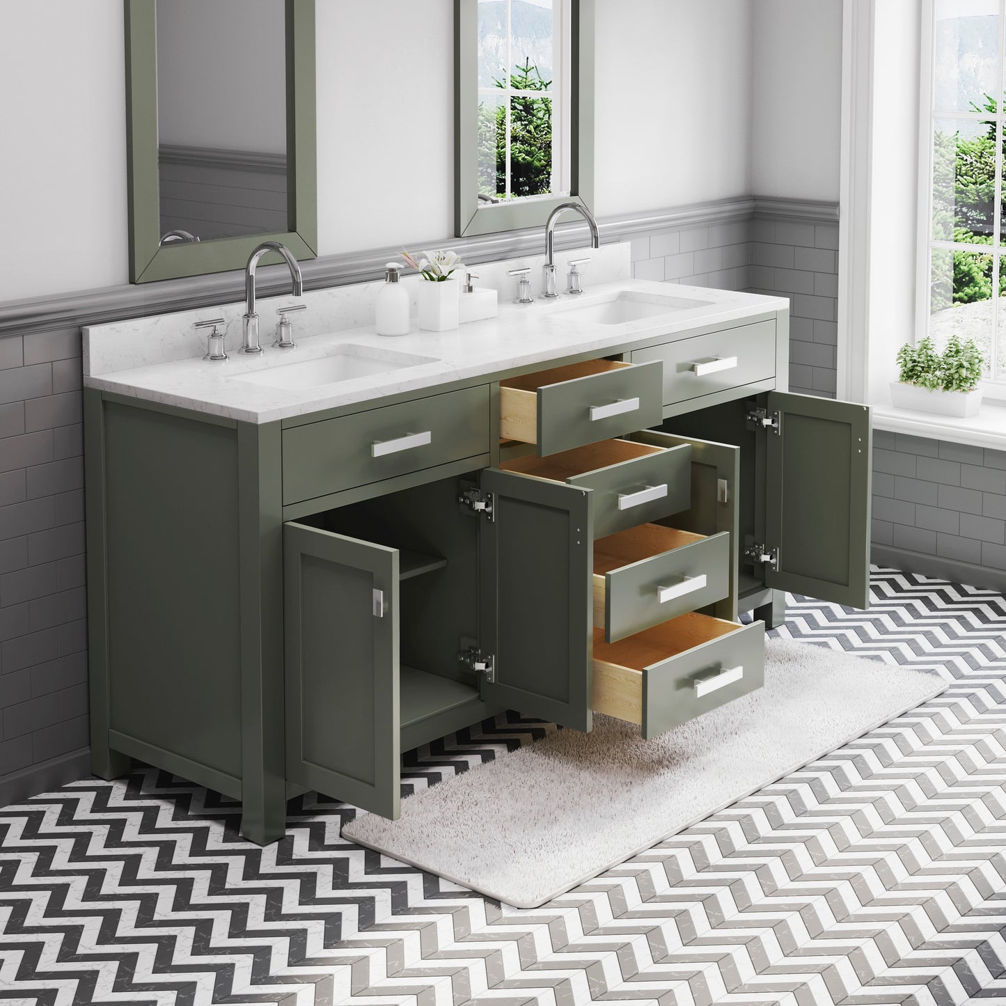 MADISON 72"W x 34"H Glacial Green Double-Sink Vanity with Carrara White Marble Countertop + Gooseneck Faucet