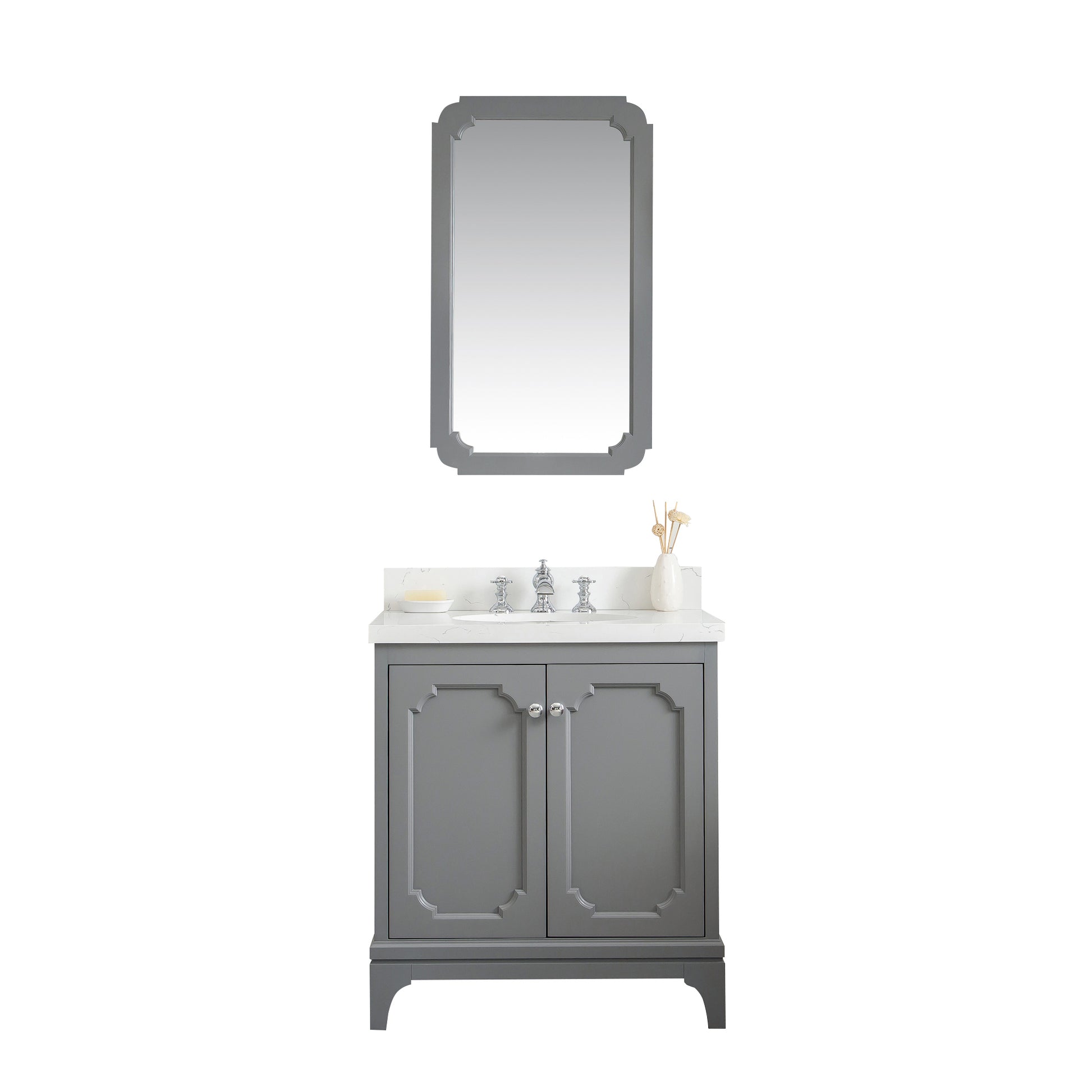 QUEEN 30"W x 34"H Cashmere Gray Single-Sink Vanity with Carrara Quartz Countertop + Faucets & Mirror (F2-0013)