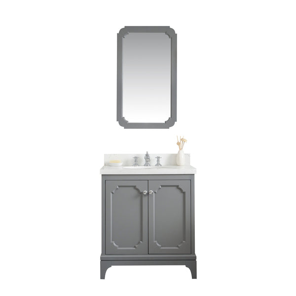 QUEEN 30W x 34H Cashmere Gray Single-Sink Vanity with Carrara Quartz Countertop + Faucets & Mirror (F2-0013)