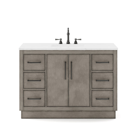 HUGO 48"W x 34.3"H Gray Oak Single-Sink Vanity with Carrara White Marble Countertop + Hook Faucet