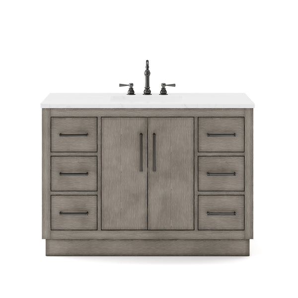 HUGO 48W x 34.3H Gray Oak Single-Sink Vanity with Carrara White Marble Countertop + Hook Faucet