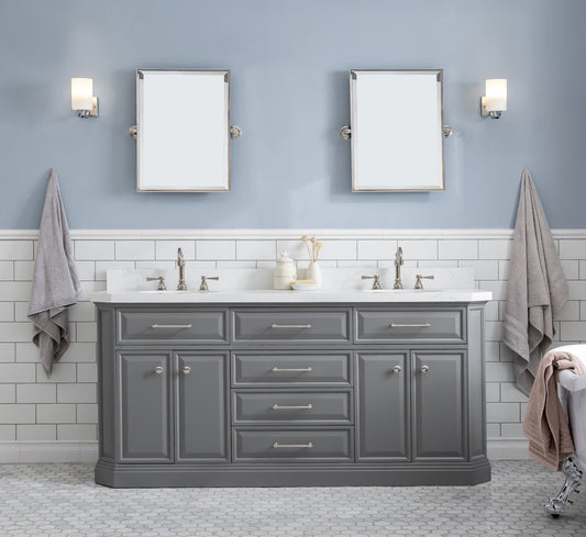 PALACE 72"W x 34"H Cashmere Gray Vanity with Carrara Quartz Countertop + Faucets (F2-0012), Polished Nickel Finish Hardware