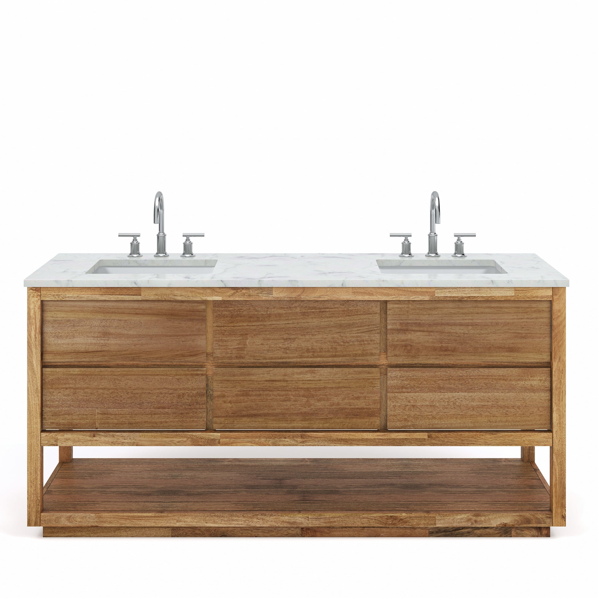 OAKMAN 72"W x 34.3"H Mango Wood Double-Sink Vanity with Carrara White Marble Countertop + Chrome Faucet