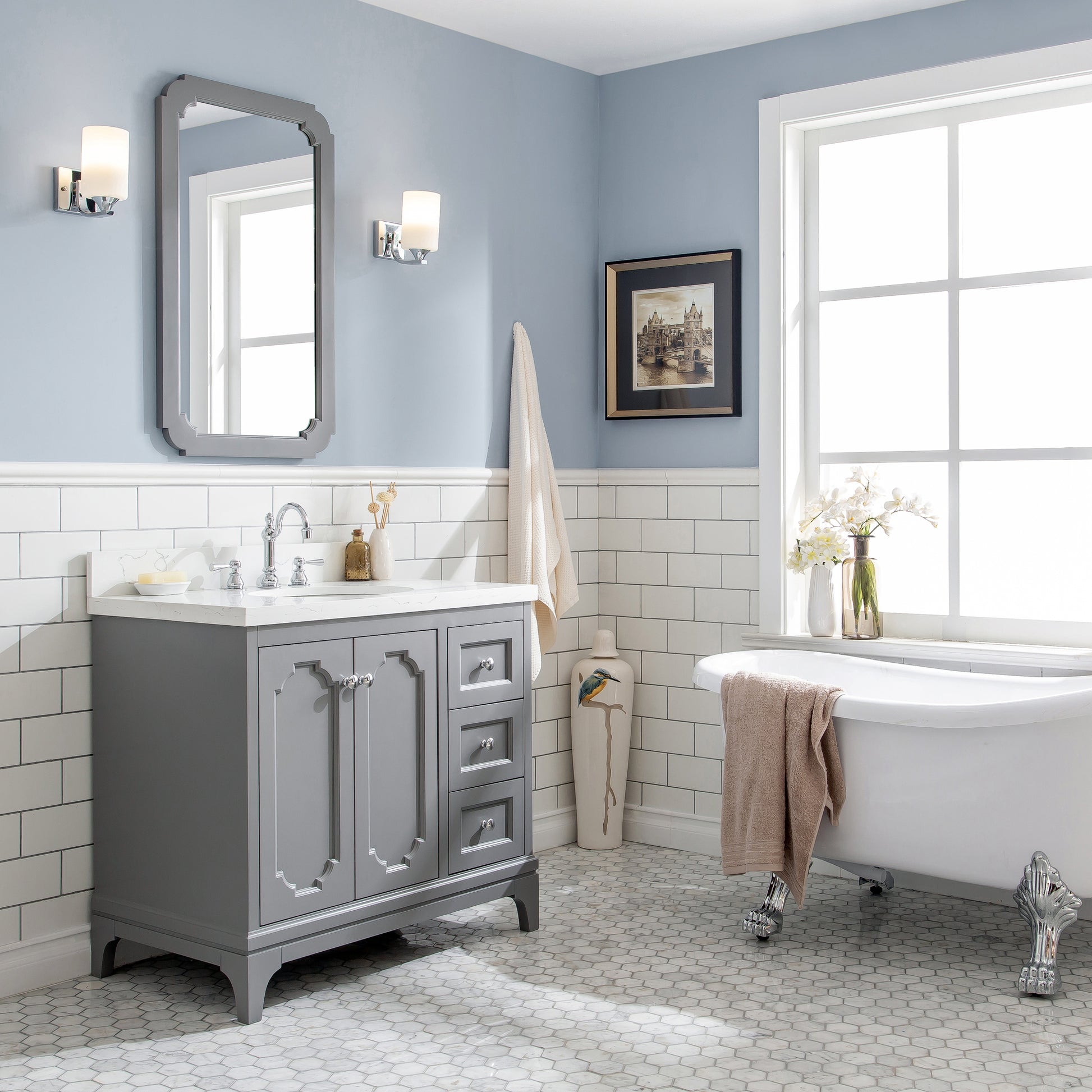 QUEEN 36"W x 34"H Cashmere Gray Single-Sink Vanity with Carrara Quartz Countertop + Faucets & Mirror (F2-0012-01-TL)