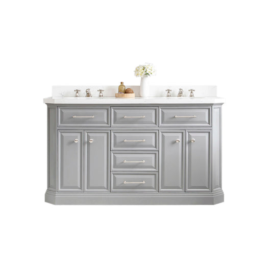 PALACE 60"W x 34"H Cashmere Gray Vanity with Carrara Quartz Countertop, Polished Nickel Finish Hardware