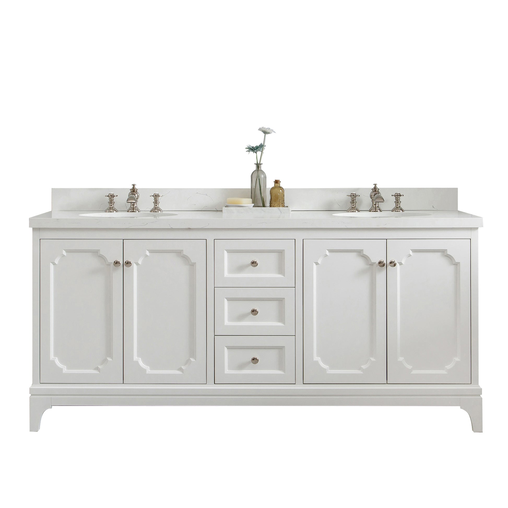 QUEEN 72"W x 34"H Pure White Double-Sink Vanity with Carrara Quartz Countertop + Faucets (F2-0013)