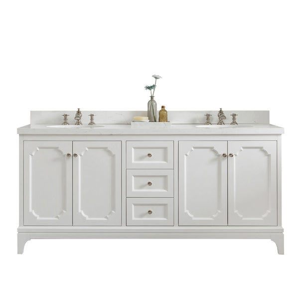 QUEEN 72W x 34H Pure White Double-Sink Vanity with Carrara Quartz Countertop + Faucets (F2-0013)