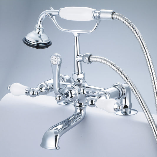 Vintage Classic 7" Spread Deck Mount Tub Faucet With 2" Risers & Handheld Shower in Chrome Finish, With Porcelain Lever Handles Without labels