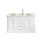 PALACE 60"W x 34"H Pure White Vanity with Carrara Quartz Countertop + Faucets & Mirrors (F2-0013), Satin Gold Finish Hardware & Chrome Finish Mirror (A)