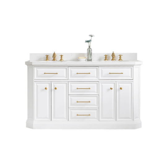 PALACE 60"W x 34"H Pure White Vanity with Carrara Quartz Countertop + Faucets & Mirrors (F2-0013), Satin Gold Finish Hardware & Chrome Finish Mirror (A)