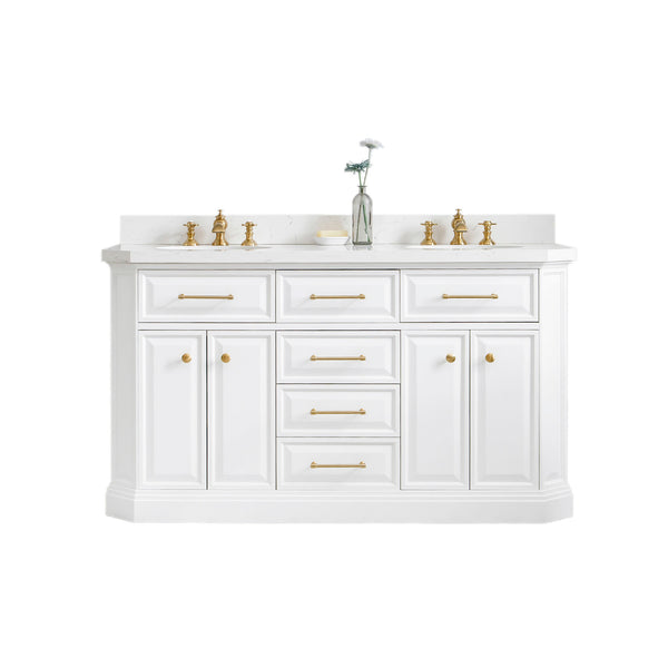 PALACE 60W x 34H Pure White Vanity with Carrara Quartz Countertop + Faucets & Mirrors (F2-0013), Satin Gold Finish Hardware & Chrome Finish Mirror (A)