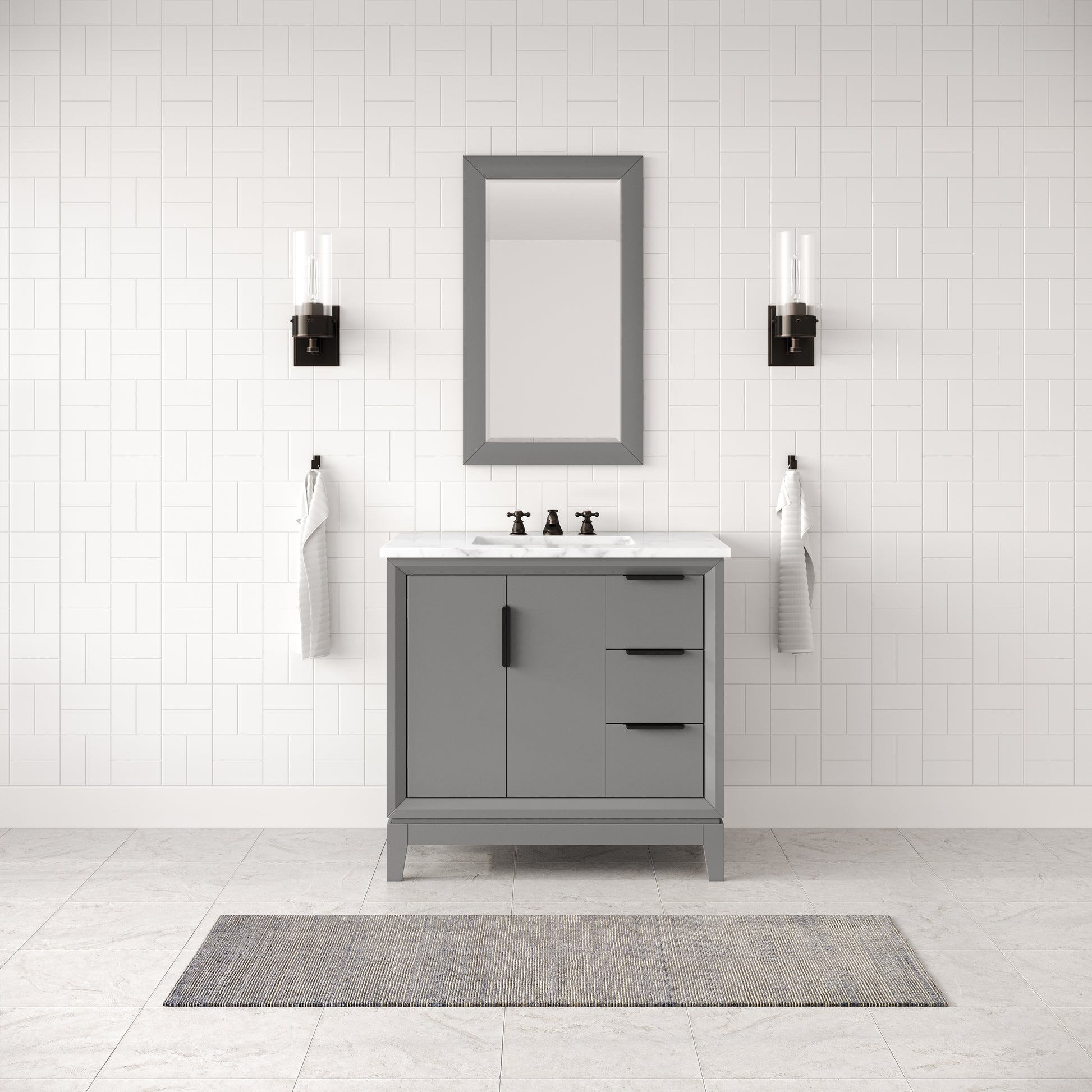 ELIZABETH 36"W x 34.25"H Cashmere Gray Single-Sink Vanity with Carrara White Marble Countertop + Faucets (F2-0009-03-BX)