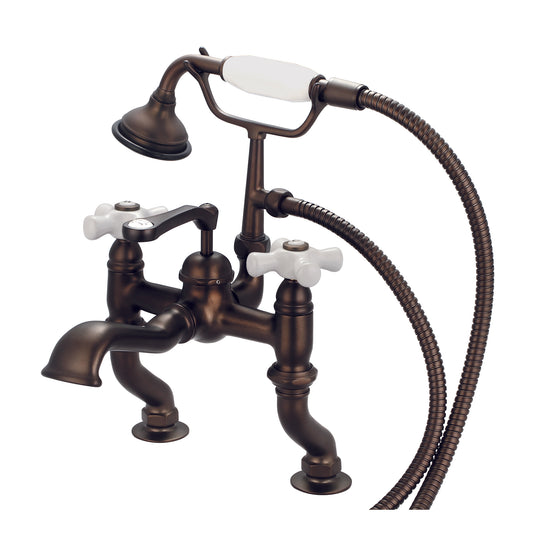 Vintage Classic Adjustable Center Deck Mount Tub Faucet With Handheld Shower in Oil Rubbed Bronze Finish, With Porcelain Cross Handles, Hot And Cold Labels Included