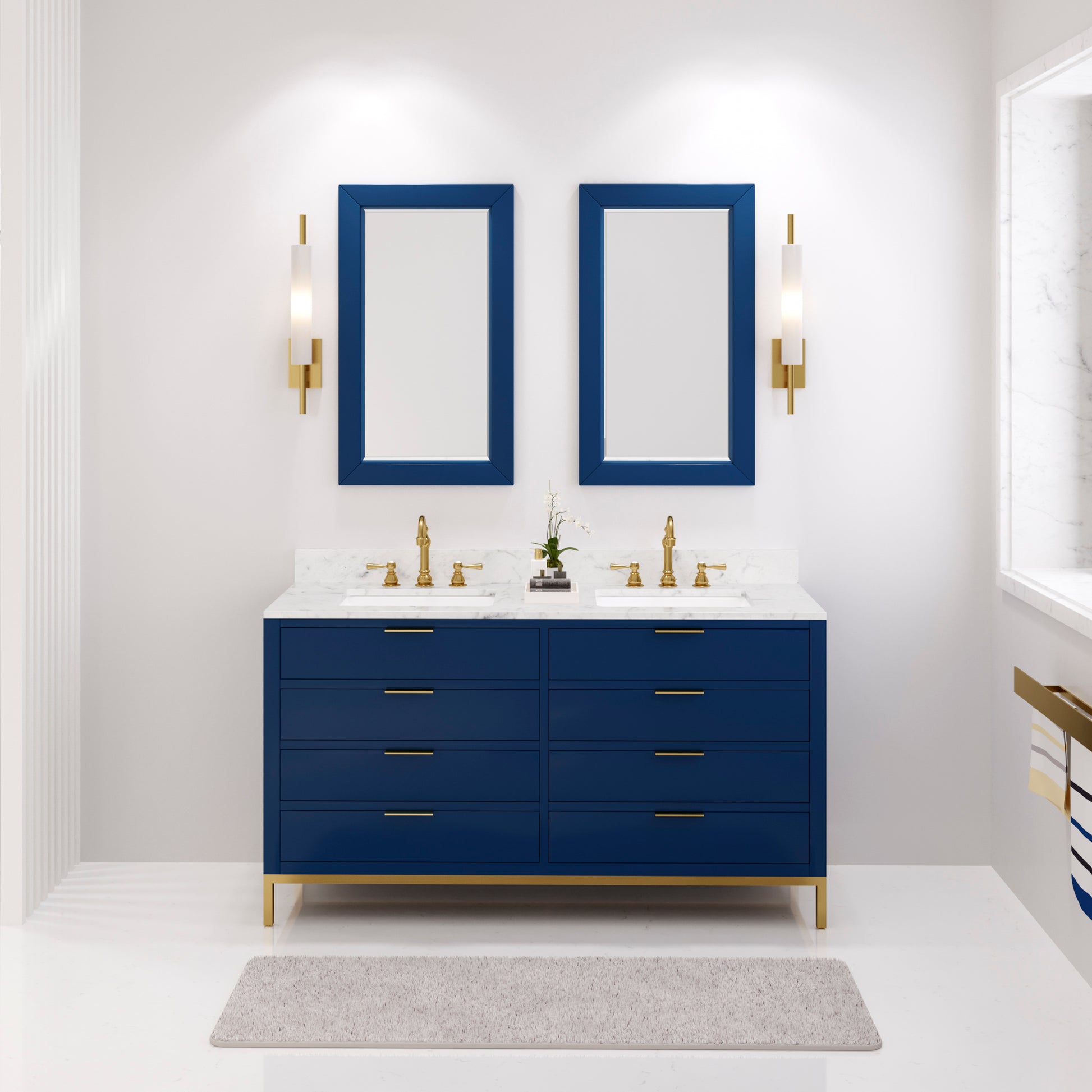 BRISTOL 60"W x 34"H Monarch Blue Double-Sink Vanity with Carrara White Marble Countertop + Satin Gold Hook Faucets and Rectangular Mirrors (S)