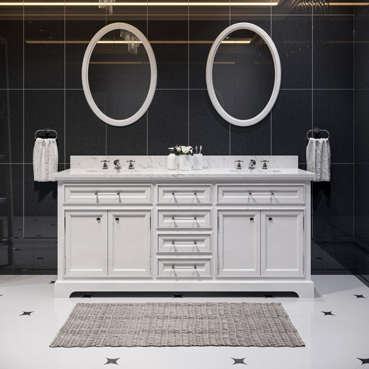 DERBY 72"W x 34"H Pure White Double-Sink Vanity with Carrara White Marble Countertop + Faucets & Mirrors