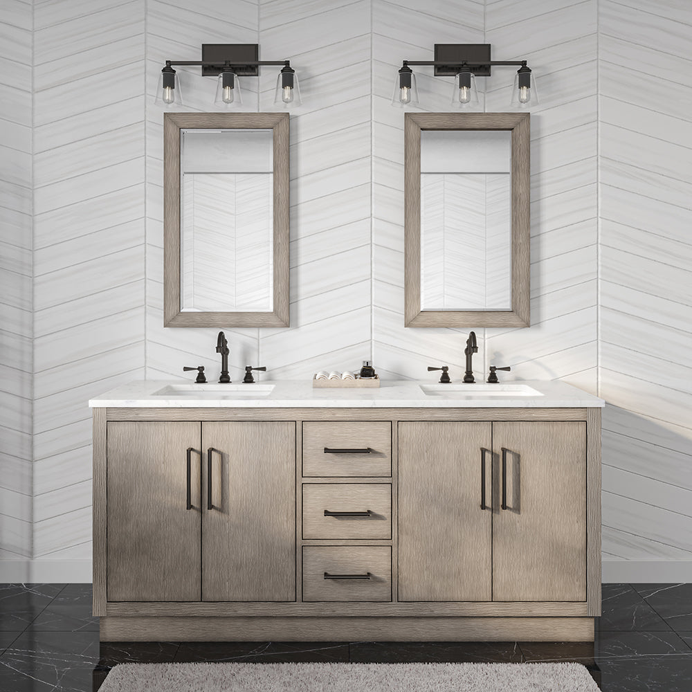 HUGO 72"W x 34.3"H Gray Oak Double-Sink Vanity with Carrara White Marble Countertop + Mirrors