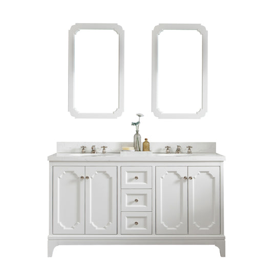 QUEEN 60"W x 34"H Pure White Double-Sink Vanity with Carrara Quartz Countertop + Faucets & Mirror (F2-0009)