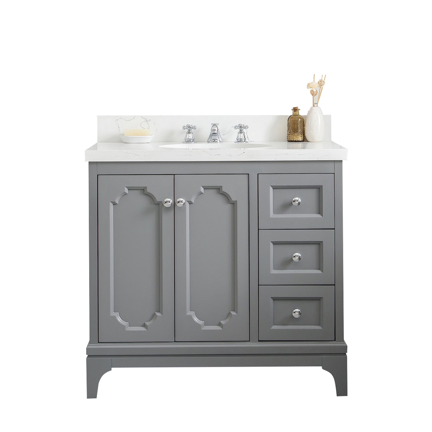 QUEEN 36"W x 34"H Cashmere Gray Single-Sink Vanity with Carrara Quartz Countertop + Faucets (F2-0009-01-BX)