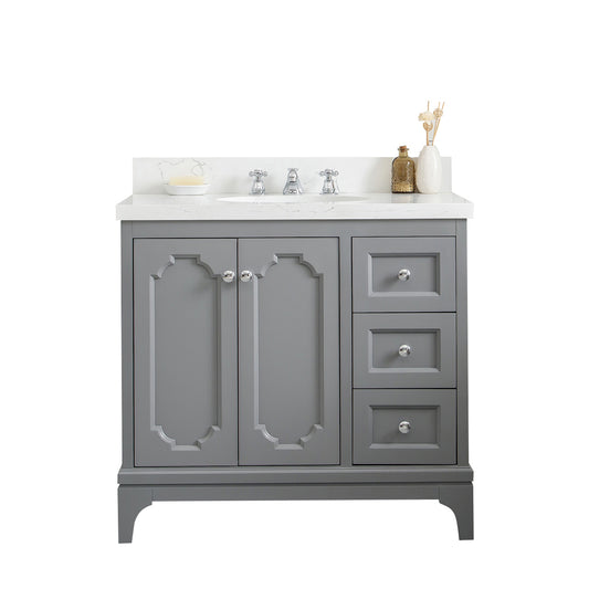 QUEEN 36"W x 34"H Cashmere Gray Single-Sink Vanity with Carrara Quartz Countertop + Faucets (F2-0009-01-BX)