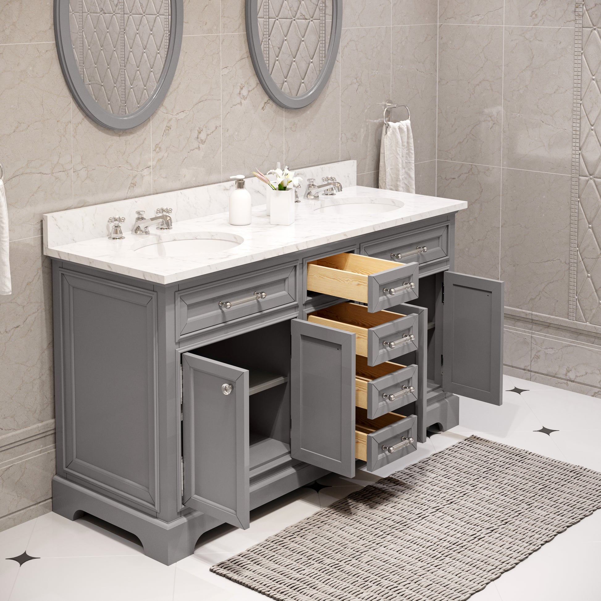 DERBY 60"W x 34"H Cashmere Gray Double-Sink Vanity with Carrara White Marble Countertop + Faucets & Mirrors