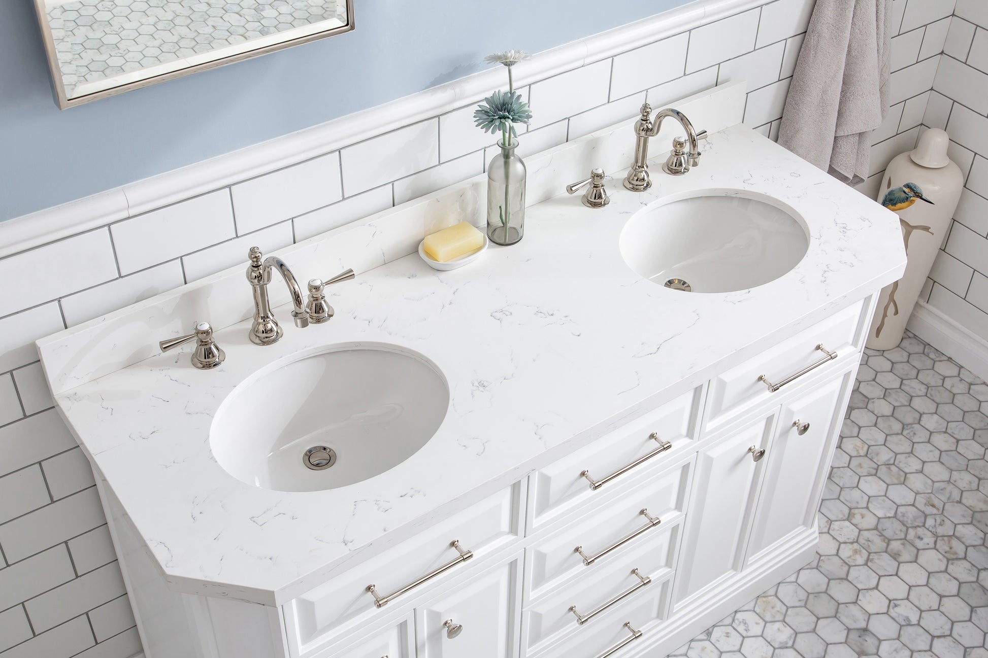 PALACE 60"W x 34"H Pure White Vanity with Carrara Quartz Countertop + Faucets & Mirror (F2-0012), Polished Nickel Finish Hardware & Mirror