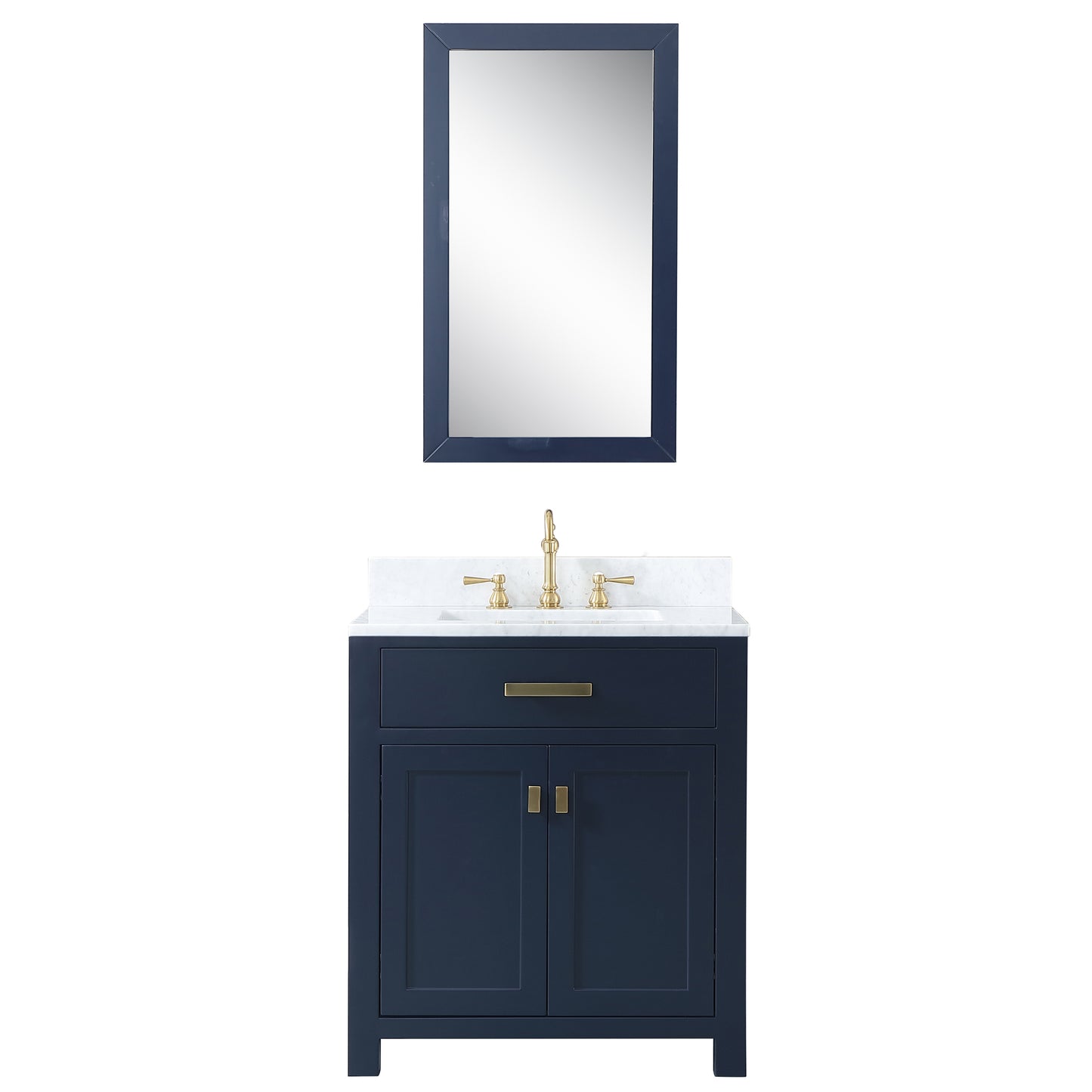 MADISON 30"W x 34"H Monarch Blue Single-Sink Vanity with Carrara White Marble Countertop + Faucets & Mirror (F2-0012-06-TL)