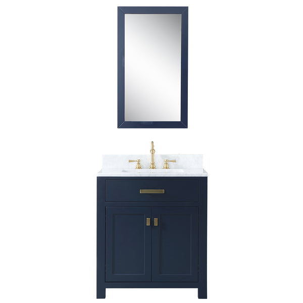 MADISON 30W x 34H Monarch Blue Single-Sink Vanity with Carrara White Marble Countertop + Faucets & Mirror (F2-0012-06-TL)