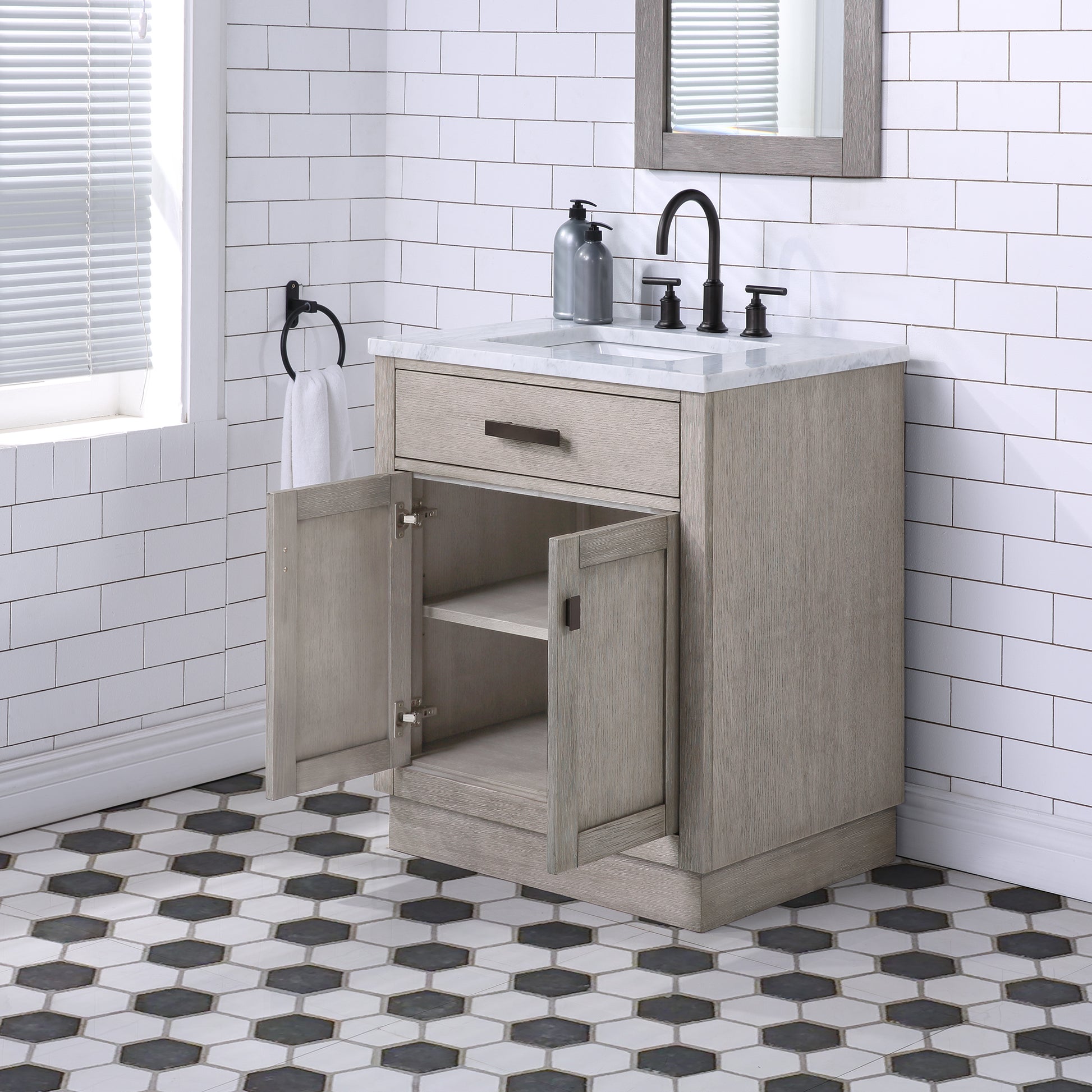 CHESTNUT 30"W x 34.2"H Gray Oak Single-Sink Vanity with Carrara White Marble Countertop + Mirror