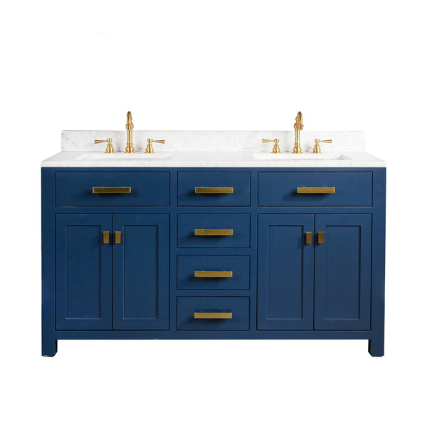 MADISON 60W x 34H Monarch Blue Double-Sink Vanity with Carrara White Marble Countertop + Faucets (F2-0012-06-TL)