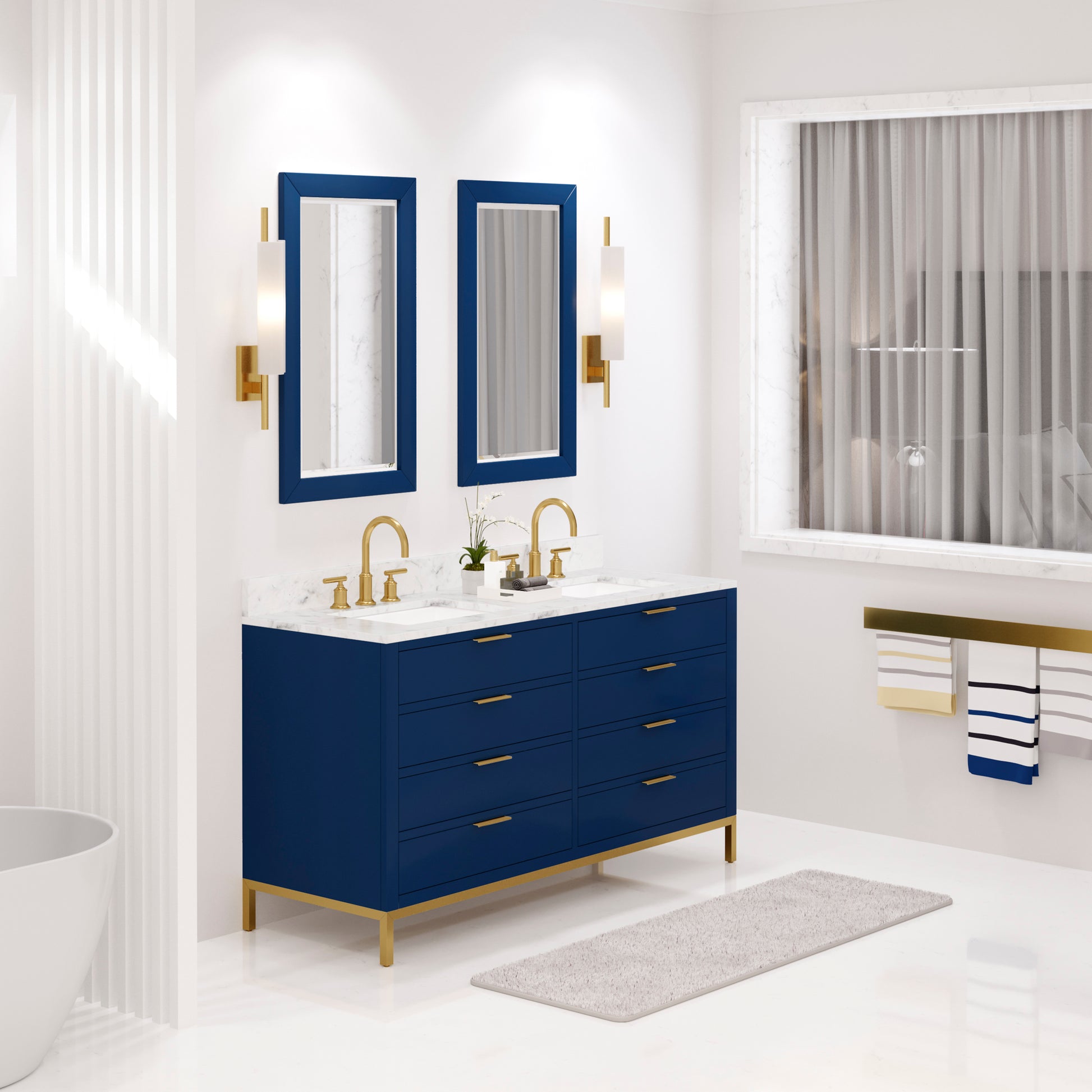 BRISTOL 60"W x 34"H Monarch Blue Double-Sink Vanity with Carrara White Marble Countertop + Satin Gold Gooseneck Faucets