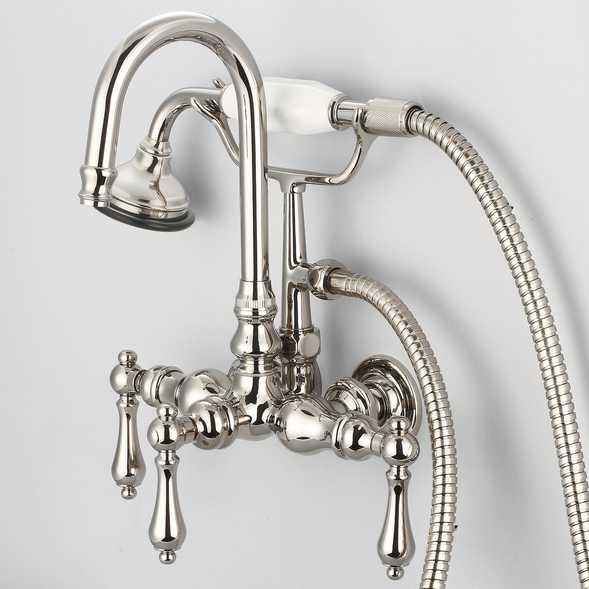 Vintage Classic 3.375" Center Wall Mount Tub Faucet With Gooseneck Spout, Straight Wall Connector & Handheld Shower in Polished Nickel Finish, With Metal Lever Handles Without Labels