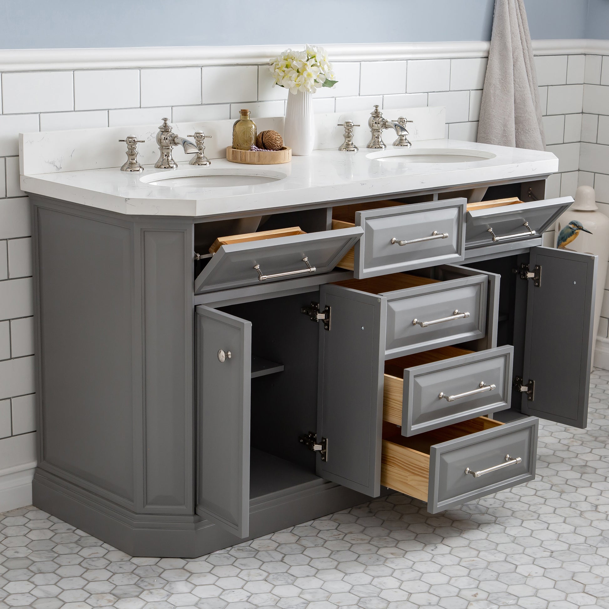 PALACE 60"W x 34"H Cashmere Gray Vanity with Carrara Quartz Countertop + Faucets (F2-0013), Polished Nickel Finish Hardware