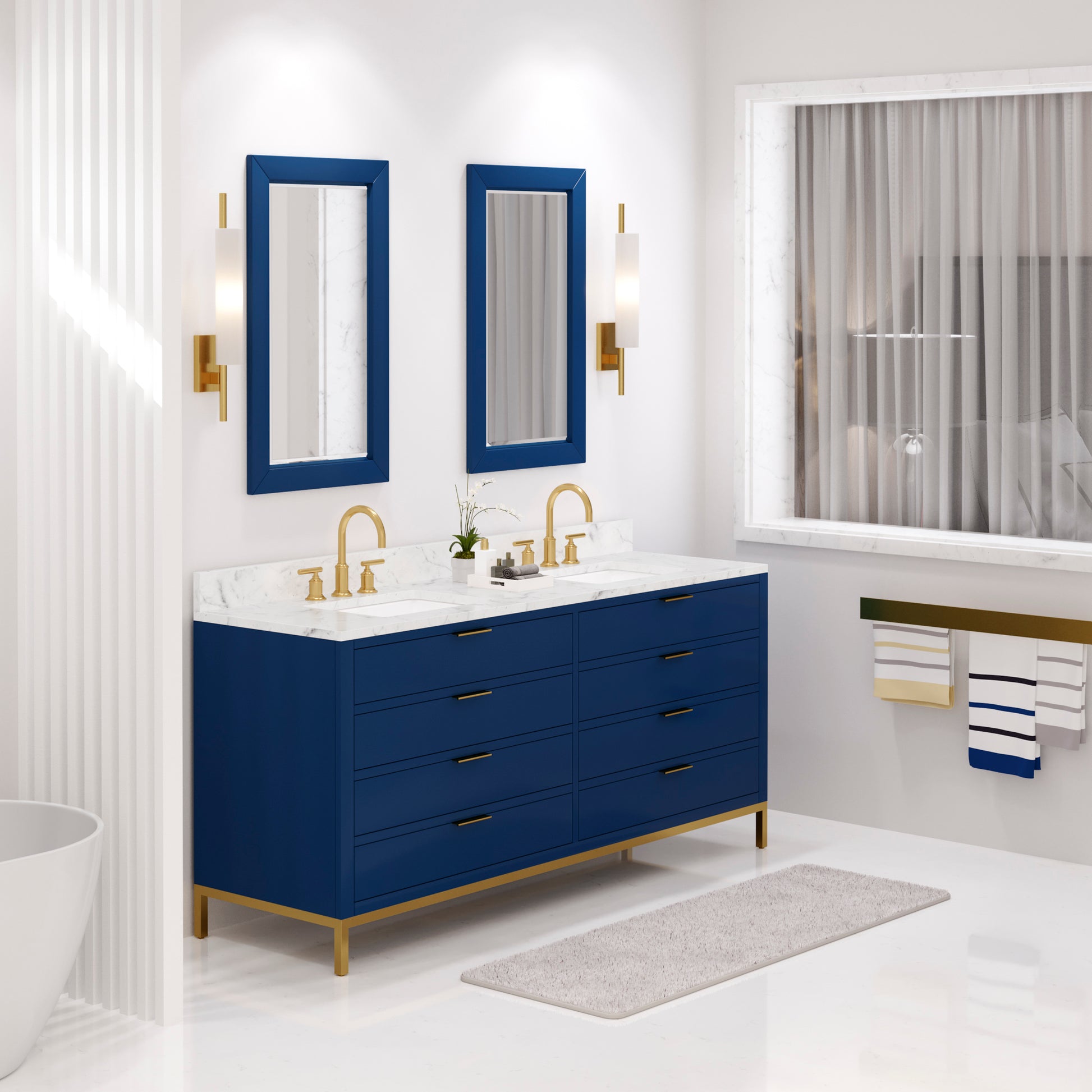 BRISTOL 72"W x 34"H Monarch Blue Double-Sink Vanity with Carrara White Marble Countertop + Satin Gold Gooseneck Faucets and Rectangular Mirrors (S)