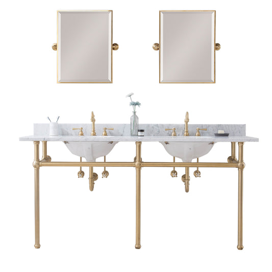 EMBASSY 72"W x 34"H  Double Washstand , P-Trap, Countertop with Sink, F2-0013 Faucet and Mirror included, in Satin Gold Finish