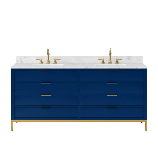 BRISTOL 72"W x 34"H Monarch Blue Double-Sink Vanity with Carrara White Marble Countertop