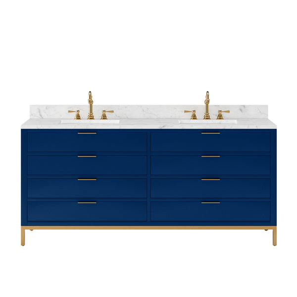 BRISTOL 72W x 34H Monarch Blue Double-Sink Vanity with Carrara White Marble Countertop