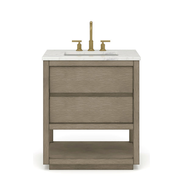 OAKMAN 72W x 34.3H Gray Oak Single-Sink Vanity with Carrara White Marble Countertop + Gold Faucets