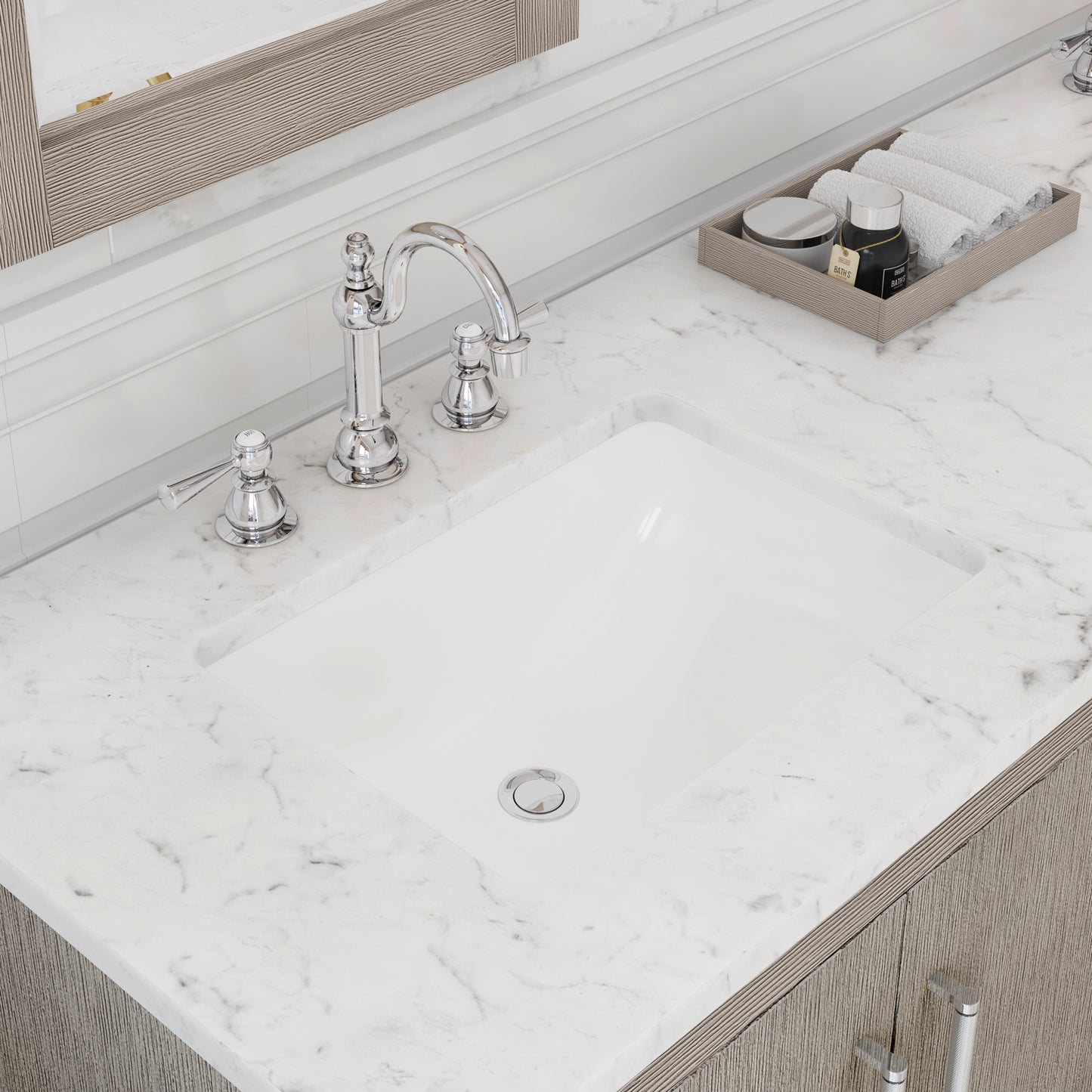 HUGO 72"W x 34.3"H Gray Oak Double-Sink Vanity with Carrara White Marble Countertop + Hook Faucets and Mirrors