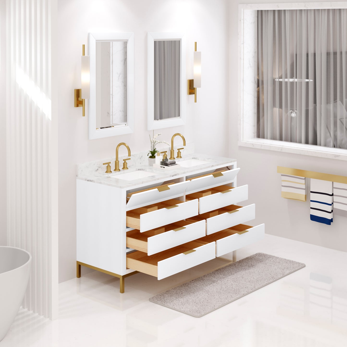 BRISTOL 60"W x 34"H Pure White Double-Sink Vanity with Carrara White Marble Countertop + Satin Gold Gooseneck Faucets