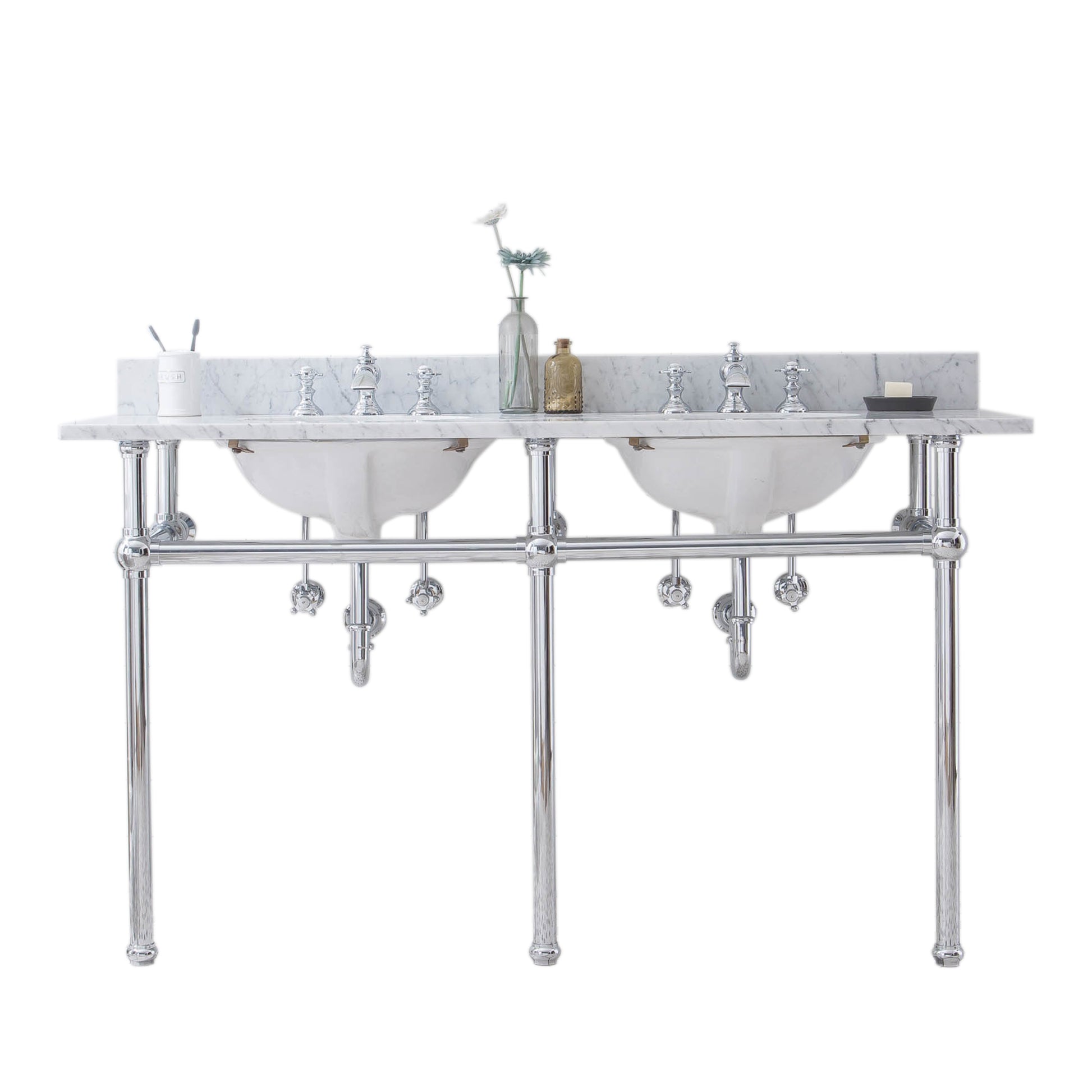 EMBASSY 60"W x 34"H  Double Washstand , P-Trap, Countertop with Sink, and F2-0013 Faucet included, in Chrome Finish