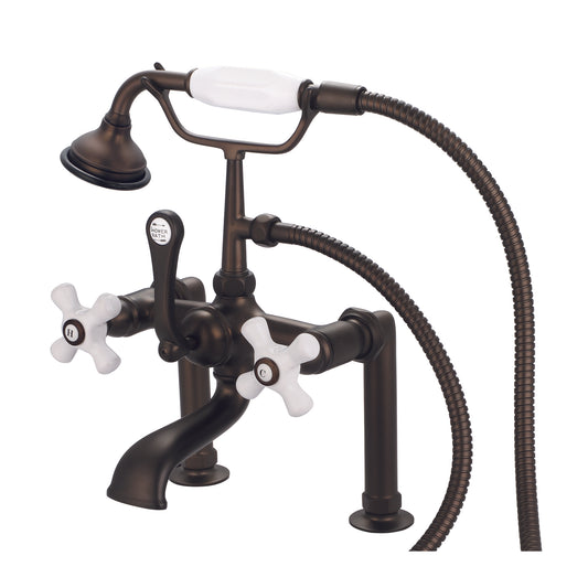 Vintage Classic 7" Spread Deck Mount Tub Faucet With 6" Risers & Handheld Shower in Oil Rubbed Bronze Finish, With Porcelain Cross Handles, Hot And Cold Labels Included