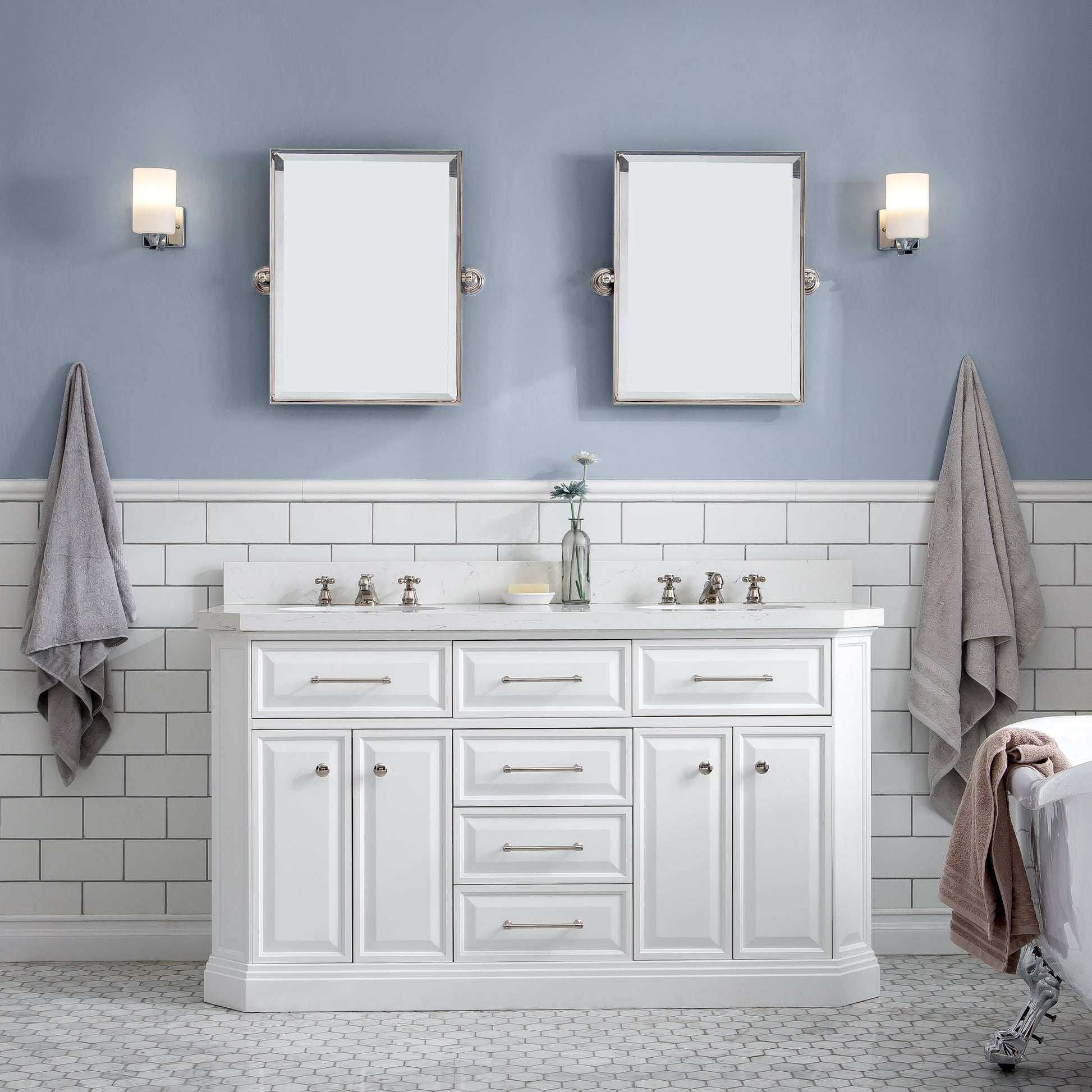 PALACE 60"W x 34"H Pure White Vanity with Carrara Quartz Countertop + Mirror, Polished Nickel Finish Hardware & Mirror