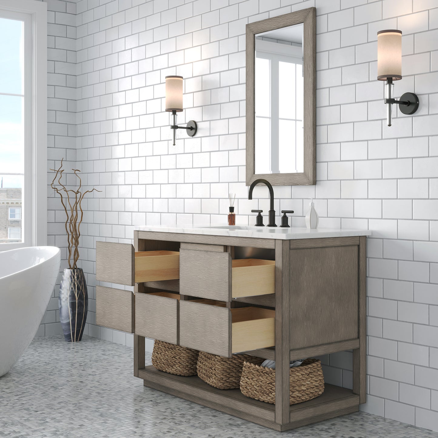 OAKMAN 48"W x 34.3"H Gray Oak Single-Sink Vanity with Carrara White Marble Countertop + ORB Faucet