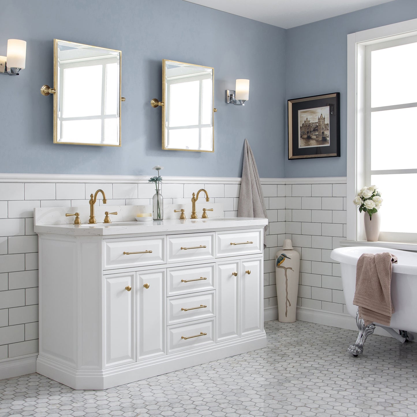 PALACE 60"W x 34"H Pure White Vanity with Carrara Quartz Countertop + Faucets & Mirrors (F2-0012), Satin Gold Finish Hardware & Chrome Finish Mirror (A)