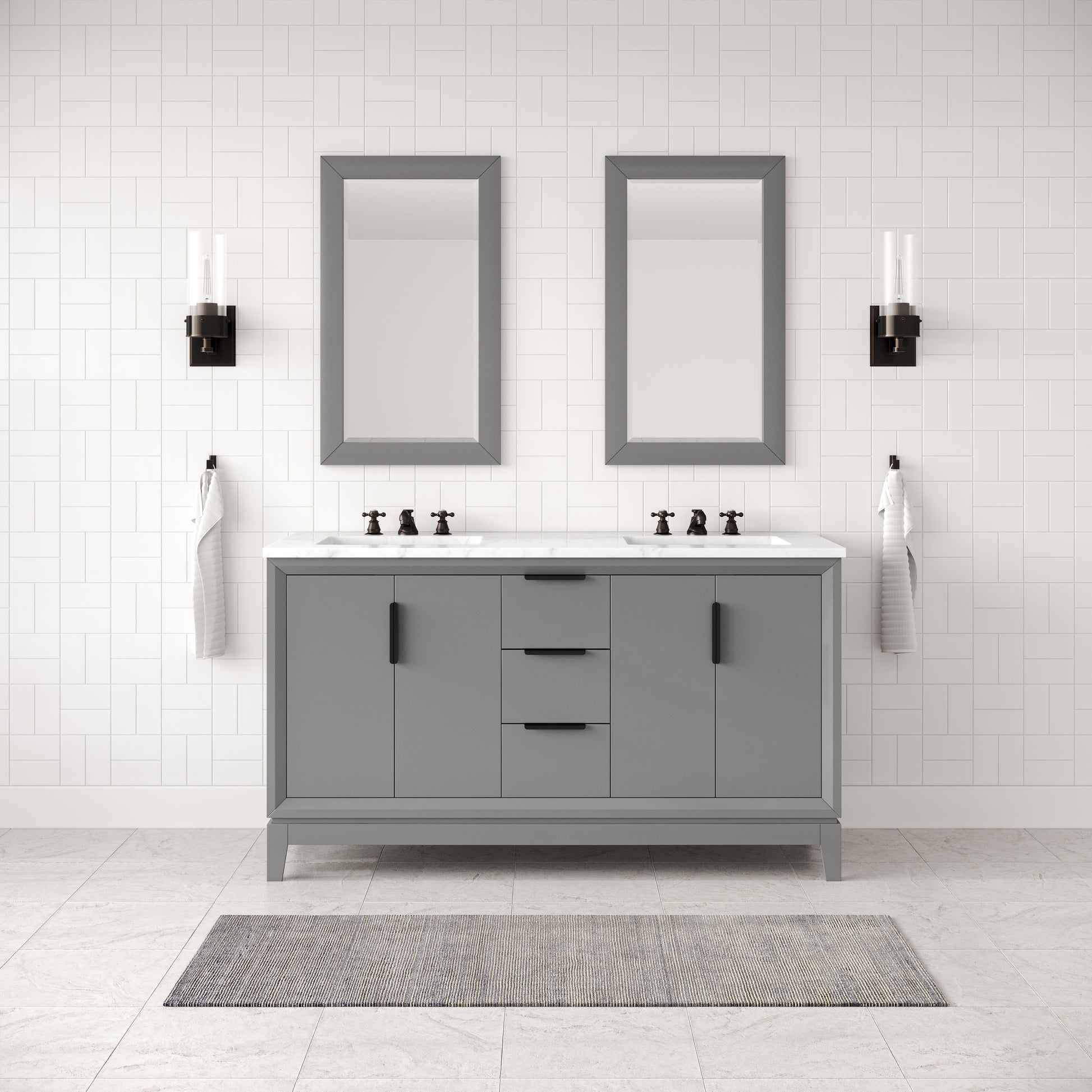 ELIZABETH 60"W x 34.25"H Cashmere Gray Double-Sink Vanity with Carrara White Marble Countertop + Faucets (F2-0009-03-BX)