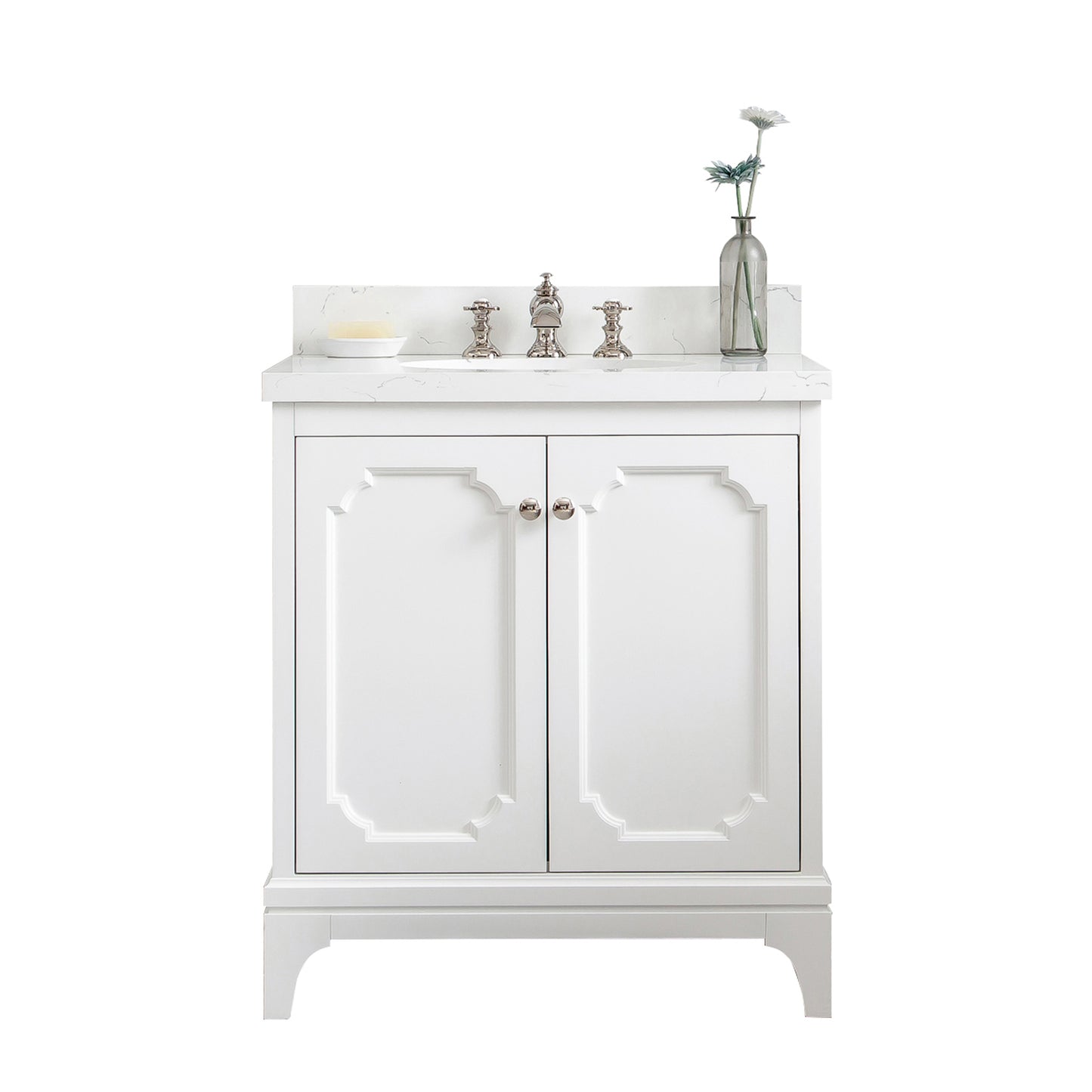 QUEEN 30"W x 34"H Pure White Single-Sink Vanity with Carrara Quartz Countertop + Faucets (F2-0013)