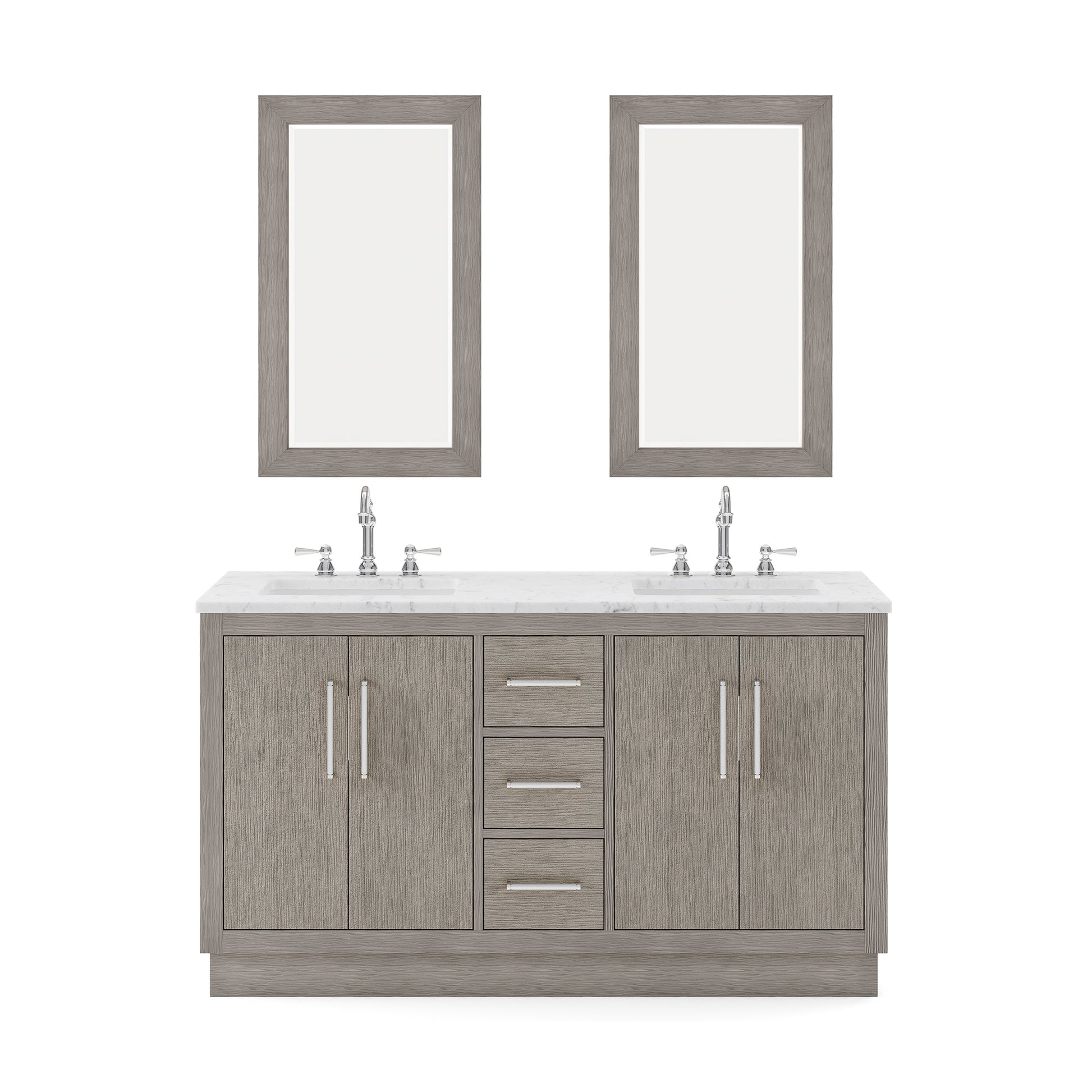 HUGO 60"W x 34.3"H Gray Oak Double-Sink Vanity with Carrara White Marble Countertop + Mirrors