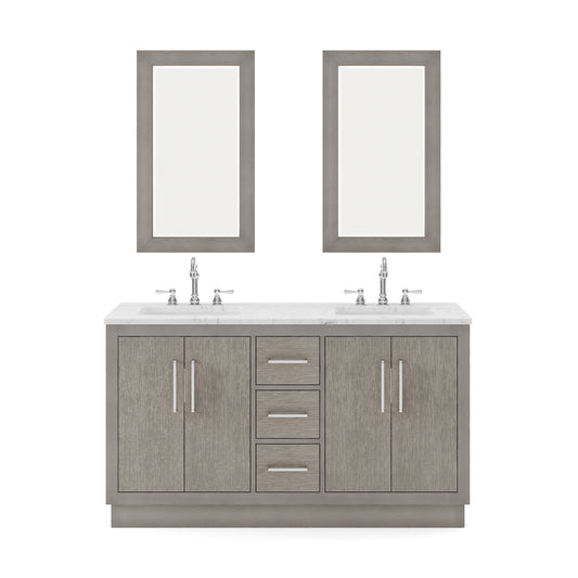 HUGO 60"W x 34.3"H Gray Oak Double-Sink Vanity with Carrara White Marble Countertop + Mirrors